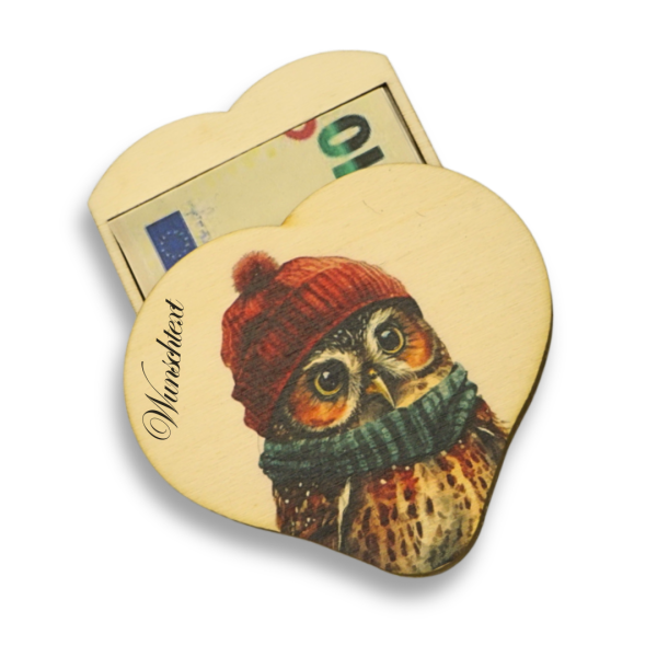 Geldgeschenk Holz - Herz mit Eule Weihnachten bedruckt